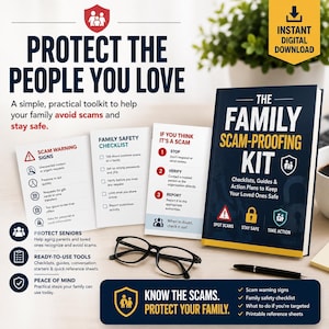 May include: A digital download kit titled The Family Scam-Proofing Kit, featuring a book, informational cards, and a pair of black glasses. The materials include a family safety checklist, scam warning signs, and action plans to help protect family members.