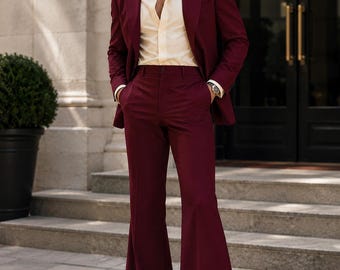 Vintage 70s Burgundy Flared Suit| Wide Lapel Blazer, Two - Piece- Disco Suit.