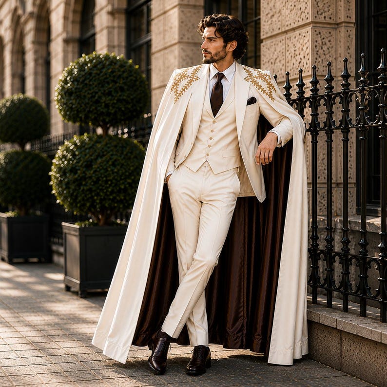 May include: A cream-colored three-piece suit consisting of a vest, trousers, and a blazer with an attached floor-length cape. The cape features gold embroidery on the shoulders and a dark brown lining. A dark brown tie is worn with a white shirt.