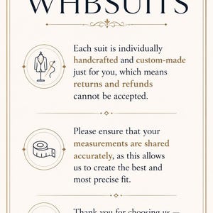 May include: A cream-colored informational sign with dark blue text reading WHBSUITS. It features three circular icons: a suit on a mannequin with a needle and thread, a measuring tape, and a heart. The text outlines custom suit policies.