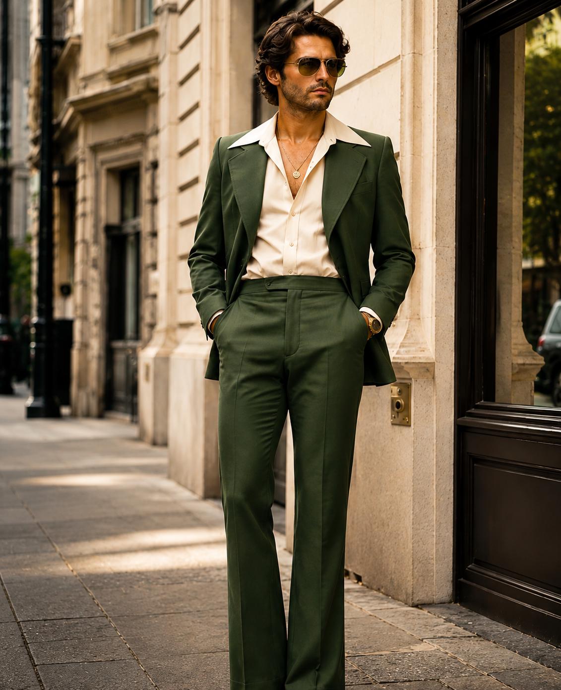 Vintage 70s Olive Green Flared Suit Retro Wide Lapel Two-Piece Set