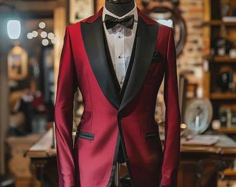Men's Burgundy Tuxedo Suit, Black Satin Lapel, Slim Fit Formal Attire