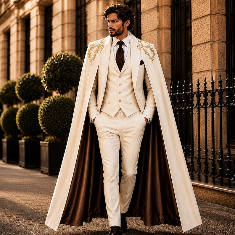 May include: A cream-colored three-piece suit consisting of a vest, trousers, and a blazer, paired with a long floor-length cape featuring gold embroidery on the shoulders and a dark brown lining. A dark brown necktie is worn with a white dress shirt.
