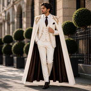 May include: A cream-colored three-piece suit consisting of a vest, trousers, and a blazer, paired with a long cape featuring gold embroidery on the shoulders. The cape has a dark brown lining, and the ensemble includes a dark brown necktie.