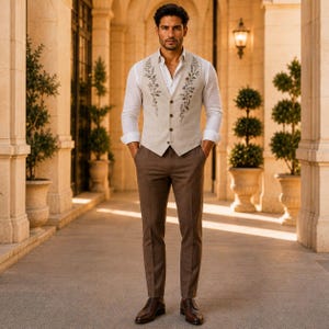 May include: A beige waistcoat featuring delicate floral embroidery along the front panels, worn over a crisp white long-sleeved button-down shirt. The outfit is completed with tailored brown trousers and dark brown leather dress shoes.