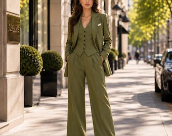 Tailleur-pantalon 3 pièces vert olive pour femme, blazer ajusté sans manches, pantalon large