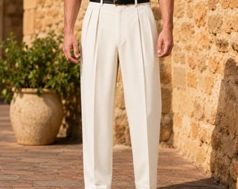Men’s Ivory Pleated Dress Pants, High Waist Trousers