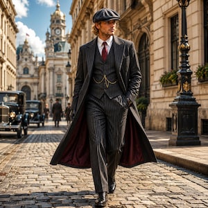 May include: A man in a pinstripe suit, vest, and long coat walks down a cobblestone street. The coat has a burgundy lining. He wears a newsboy cap, a white shirt, and a red tie. The scene is set in a historic European city.