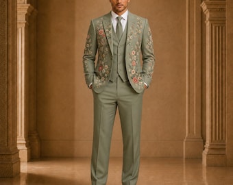 Costume trois pièces vert sauge brodé pour homme, costume de marié à motif floral, tenue de bal de luxe