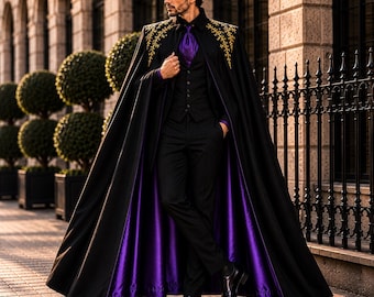 Svartlila broderad gotisk kostym med kappa – viktoriansk formell klädsel vampyr cosplay-kostym
