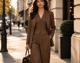 Brauner 3-teiliger Damen-Blazer | Maßgeschneiderte Blazer Weste und Hose mit weitem Bein