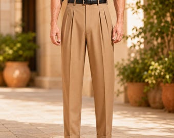 Herren Camel Plissee Hose, Formelle Hose mit hoher Taille, Hochzeitsstil mit Manschette