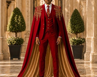Röd och guld broderad kostym med kappa – Regal barock bröllopsbrudgumsoutfit