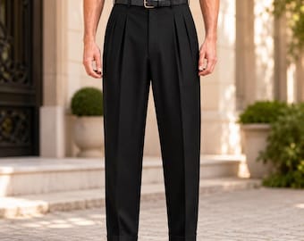 Schwarze plissierte Herrenhose, hohe Taille mit weitem Bein, formelle Hose