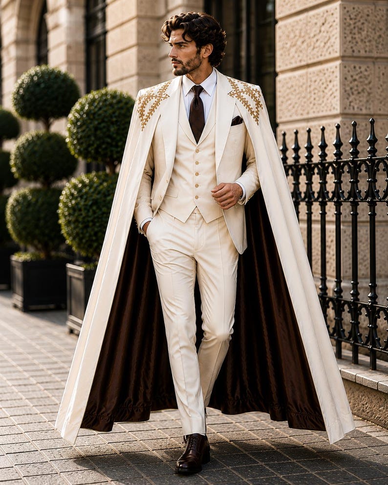 May include: A cream-colored three-piece suit consisting of a vest, trousers, and a blazer, paired with a white dress shirt and a dark brown tie. A long, floor-length cream cape with gold embroidery on the shoulders and a dark brown lining is worn.