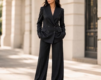 Women’s Black Double Breasted Suit | Wide Leg Pantsuit