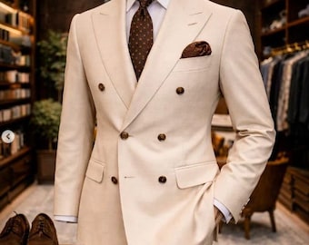 Herren Beige Zweireihige Anzug Jacke, Tailored Fit Blazer
