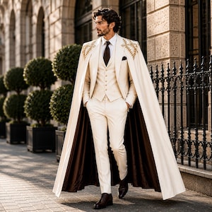 May include: A cream-colored three-piece suit consisting of a vest, trousers, and a blazer, paired with a long floor-length cape featuring gold embroidery on the shoulders and a dark brown lining. A white dress shirt and dark brown tie are worn.