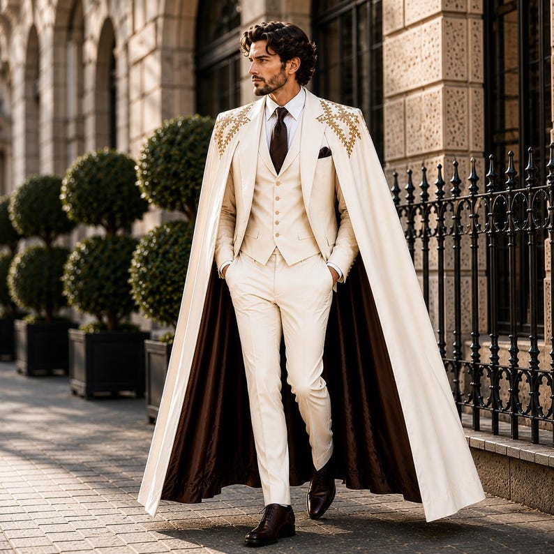 May include: A cream-colored three-piece suit consisting of a vest, trousers, and a blazer, paired with a long floor-length cape featuring gold embroidery on the shoulders and a dark brown lining. A white dress shirt and dark brown tie are worn.