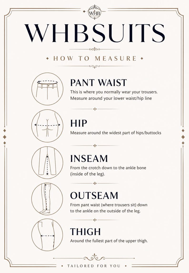 May include: An instructional infographic titled WHBSUITS HOW TO MEASURE with a cream background and dark text. It features five circular line drawings illustrating how to measure pant waist, hip, inseam, outseam, and thigh with descriptive text.