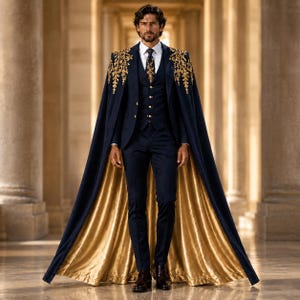 gold dress blue suit Men's Navy Blue and Gold Baroque Tuxedo Suit With Matching Vest Bow Tie for Men