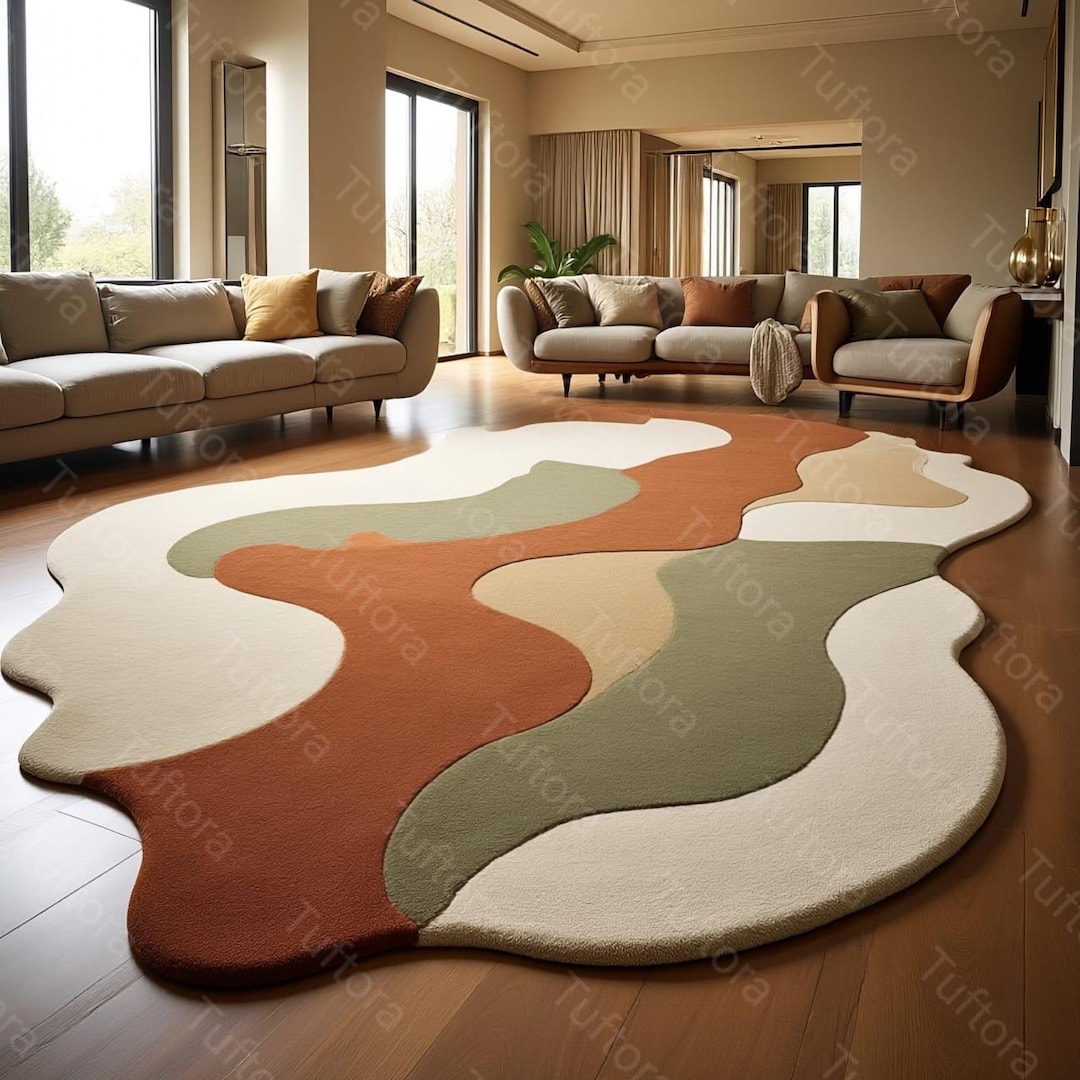 Puddle Rug Shape Hand-tufted Wool Abstract Rug – Terracotta & Sage Green Puddle Design ...