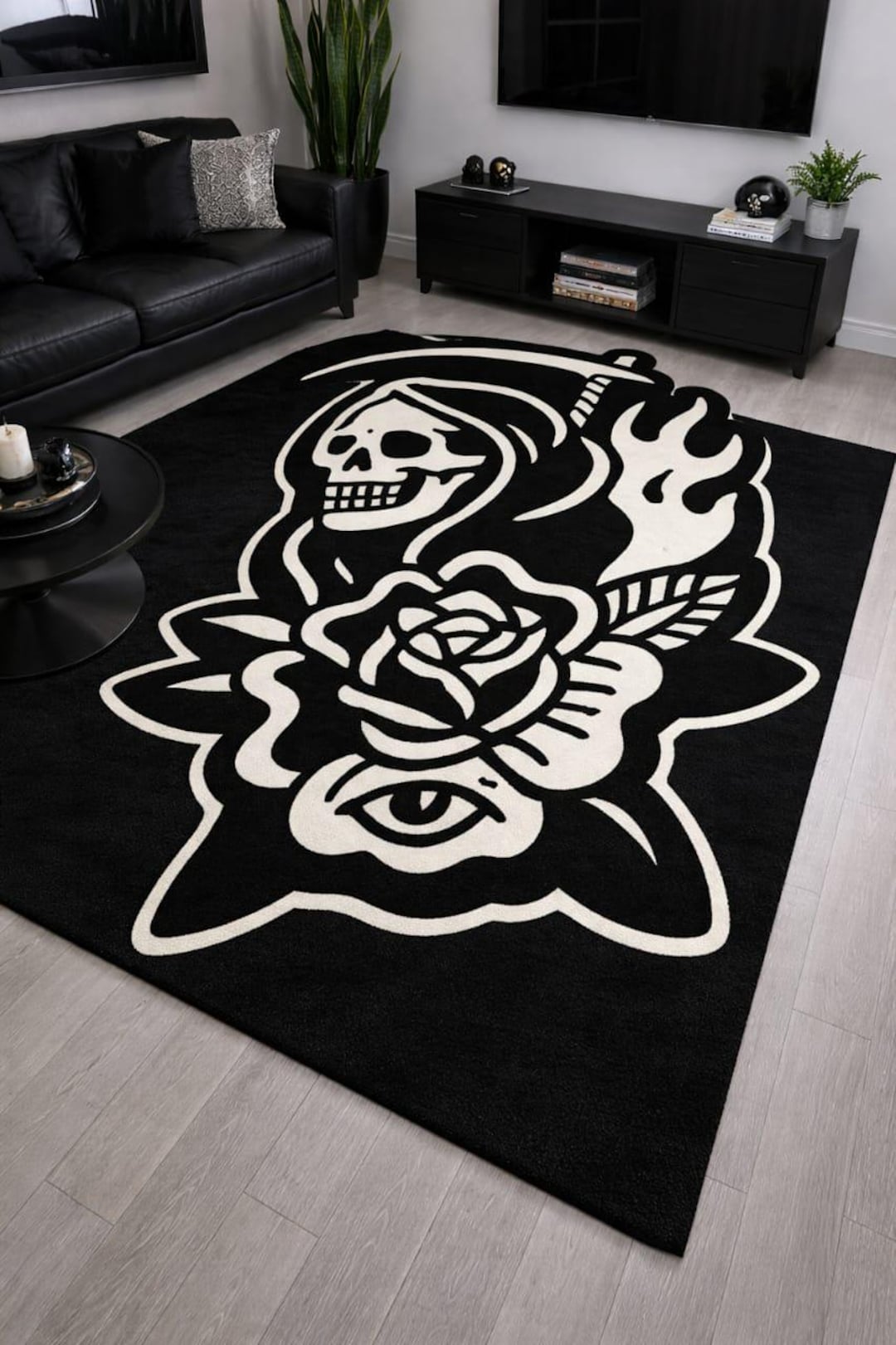 Traditional Tattoo Grim Reaper Area Rug - Gothic Rose & Eye Black and ...