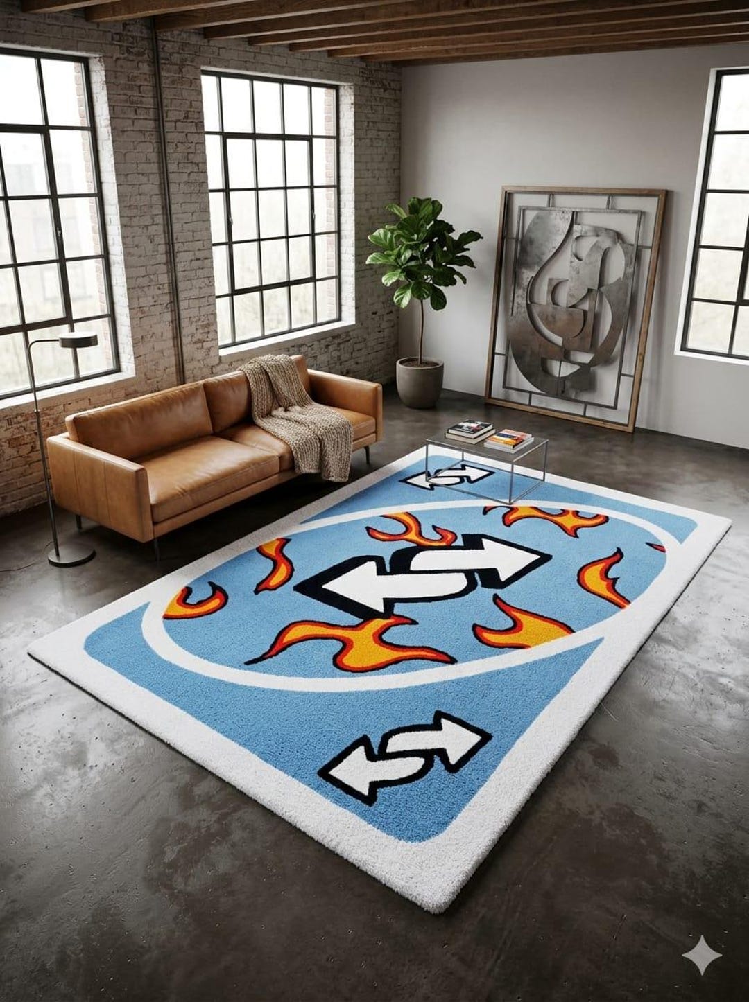 Uno Skin Rug Custom Uno Reverse Card Rug Flaming Blue Reverse Card Hand Tufted Area ...