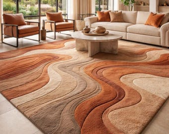 May include: A large rectangular area rug featuring a textured, multi-layered wave pattern in shades of burnt orange, terracotta, beige, and dark brown. The rug has a high-low pile construction that creates a three-dimensional effect across the surface.