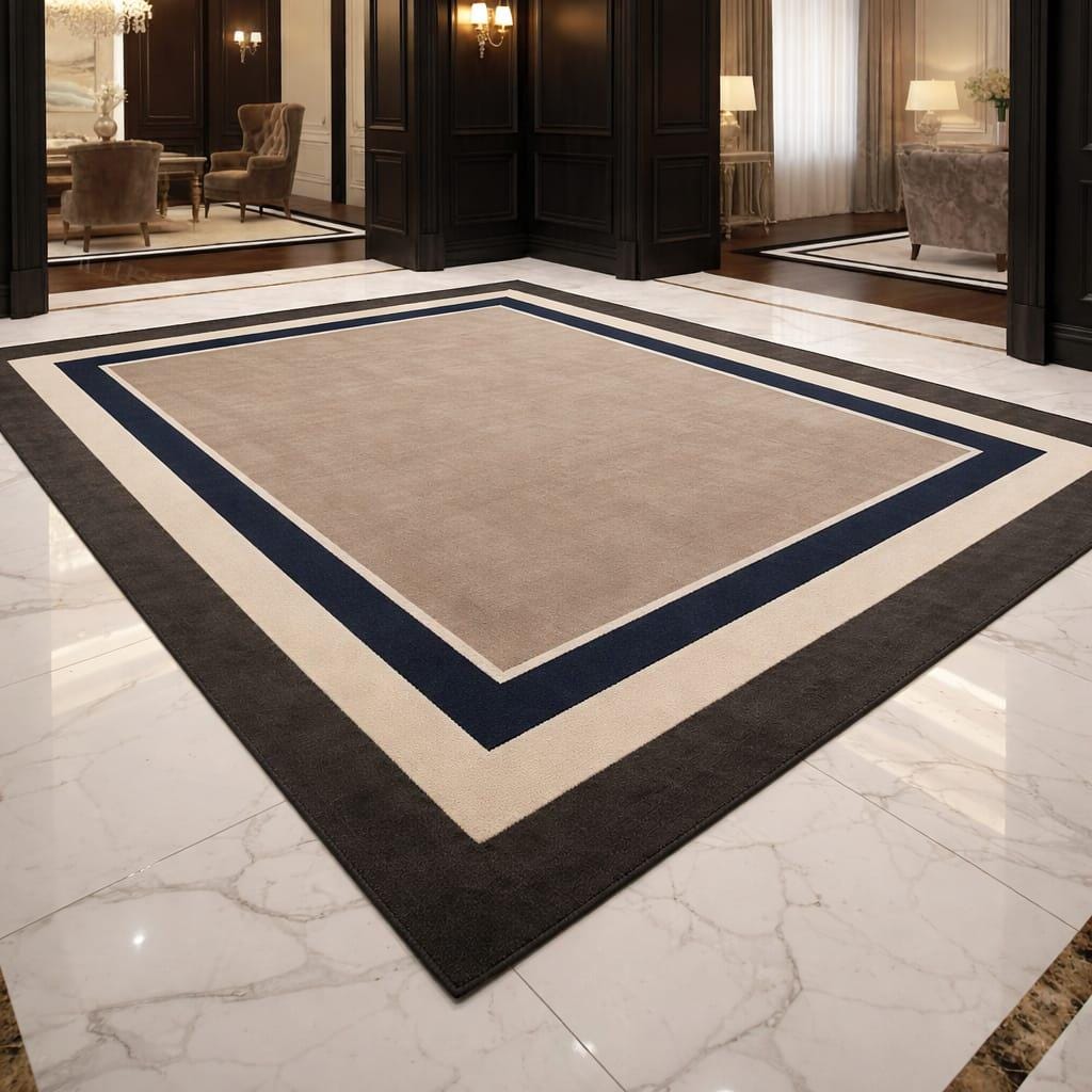 Modern Bordered Wool Rug Luxury Minimalist Taupe & Navy Area Rug Large Hand Tufted Geometric Carpet for Executive Office or Living Room