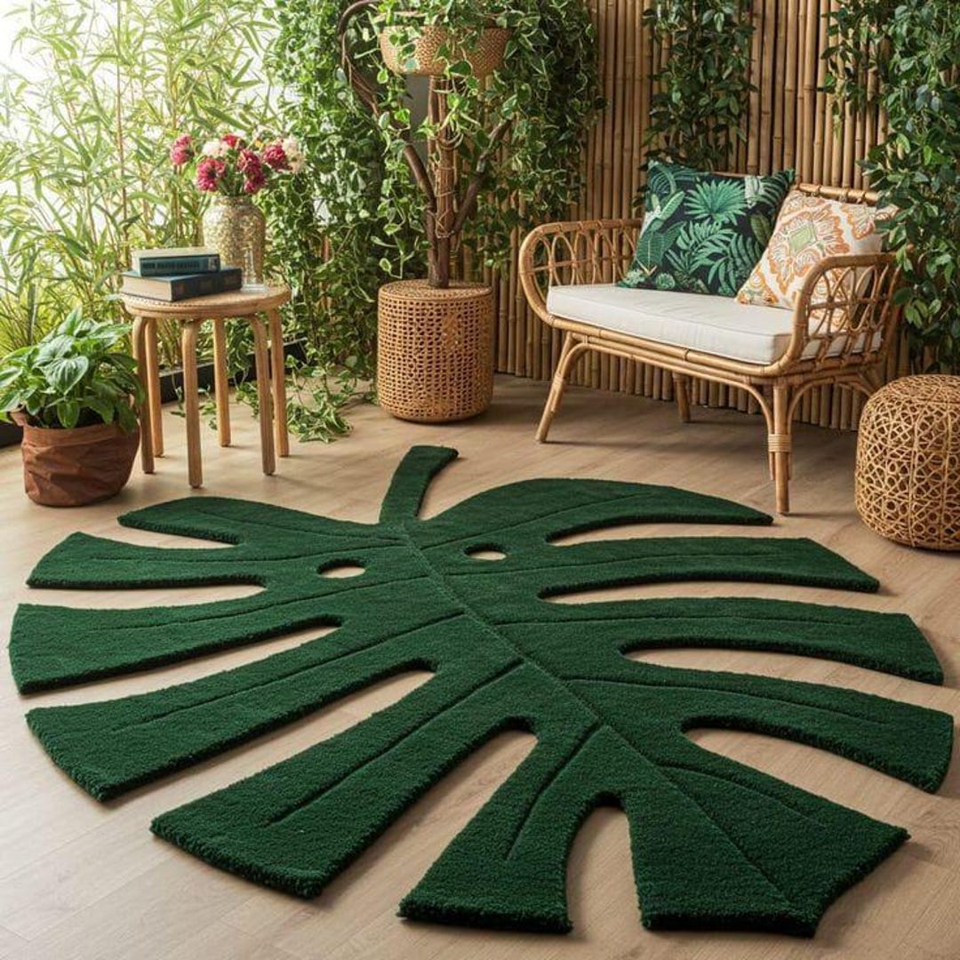 Handmade Tufted Wool Monstera Leaf Rug – Forest Green Botanical Decor ...