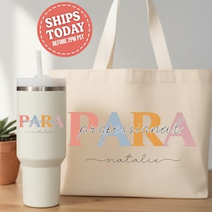 May include: Cream-colored tumbler with a white straw and a matching tote bag. Both items feature the word "PARA professional natalie" in colorful lettering. A red circle with the text "SHIPS TODAY BEFORE 2PM PST" is in the background.
