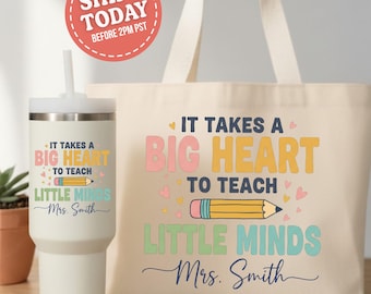Teacher Appreciation Tumbler, Teacher Tote Bag Set, Big Heart to Teach Little Minds, Educator End of Year Gift, Personalized Teacher Cup