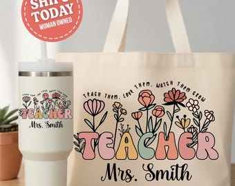 Teacher Appreciation Gift, Floral Tote, Personalized Teacher Bag, Educator End of Year Gift, Teach Love Grow Tumbler, Floral Teacher Present