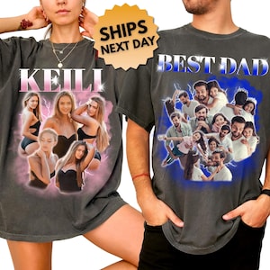 May include: Two dark gray t-shirts. One features the name "KEILLI" above a collage of women in black lingerie, with pink lightning bolts. The other shirt says "BEST DAD" above a collage of men and children. Both shirts are vintage style.