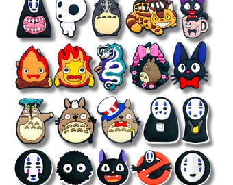 20 Pcs Totoro Inspired Japanese Anime Shoe Charms, Plastic Sandal Charms, No Face Soot Sprites Cat Bus Character , Kawaii Gift