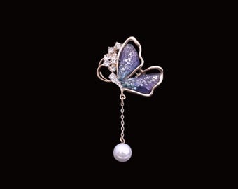 Gold Purple Butterfly Brooch, Elegant Butterfly Rhinestone Pearl Brooch, Pearl Fairycore Pin, Fashion Accessory, Jewelry Gift, Gift for Her