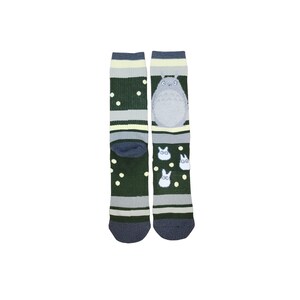 May include: A pair of green and gray socks featuring a cartoon character and white polka dots. One sock has a large character, while the other has smaller character designs. The socks have a striped pattern.
