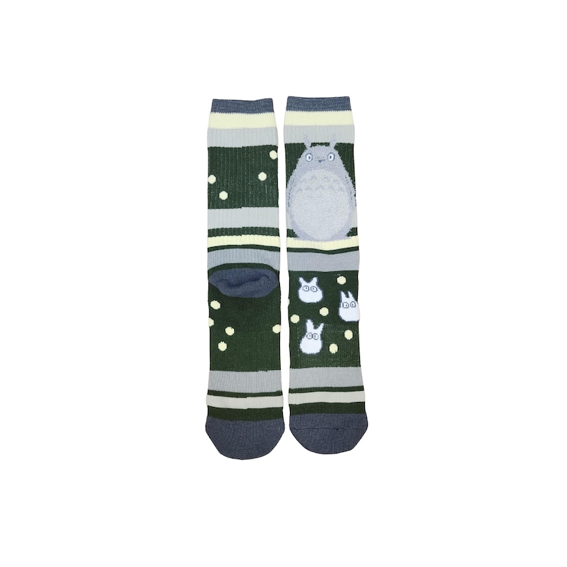 May include: A pair of green and gray socks featuring a cartoon character and white polka dots. One sock has a large character, while the other has smaller character designs. The socks have a striped pattern.