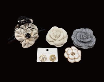 Camellia Flower Brooches, Pins, Earrings & Hair Clip Set