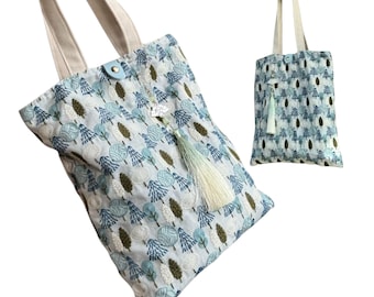 Handmade Embroidered Forest Tree Tote Bag, Embroidery Market Bag, Eco-Friendly Grocery Bag, Nature-Inspired with Tassel Charm, Gift For Her