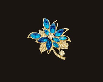 Golden Blue Flower Brooch, Flower Rhinestones, Blue Flower Pin,  Cute and Elegant, Jewelry Gift For Her, Jewelry Gift
