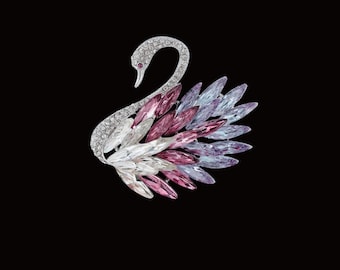 Lila Rosa Kristall Svanbrosch, Temperamentbrosch, Kostymbrosch, Klädaccessoarer, Dambrosch, Vintage Smycken Gåva till Dam