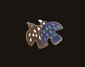 Japanese Style Double Blue Dove Brooch, Vintage Dove Pin, Enamel Dove Brooch, Gift for Her