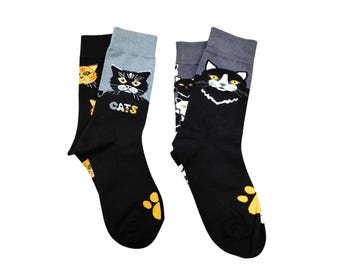 Calcetines de gato con estampado de gato / Calcetines de algodón divertidos para hombre y mujer, regalo cómodo para amantes de los gatos y dueños de mascotas. Calcetines con estampado de gato AB.