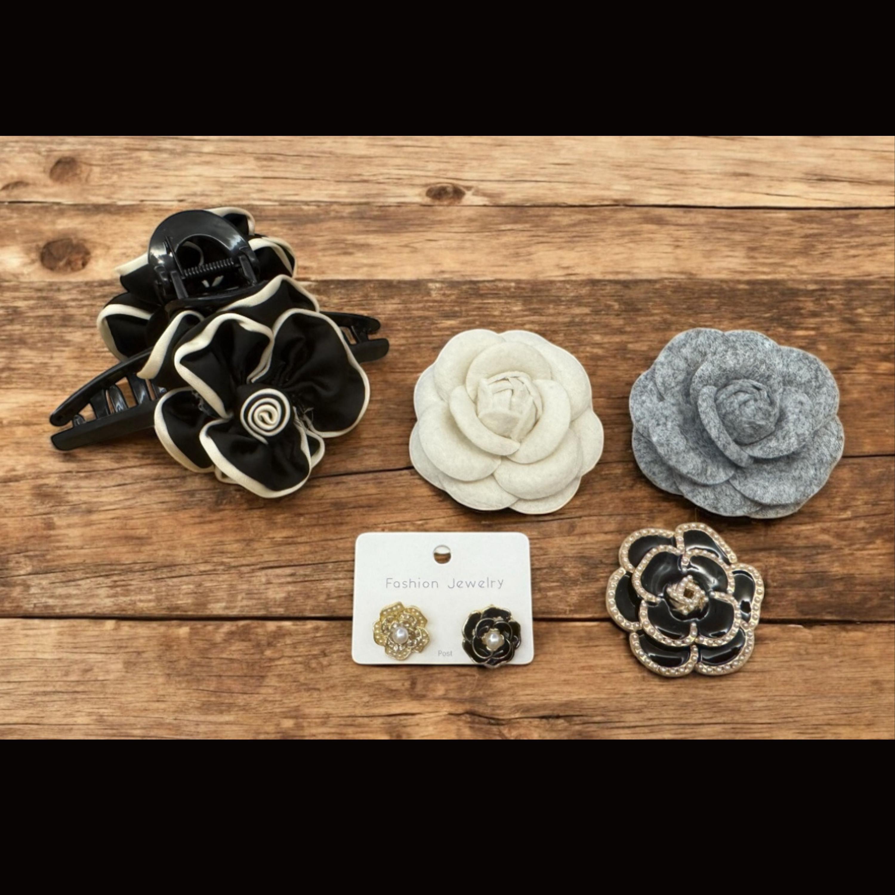椿の花のブローチセット：布製ピン、イヤリング、ヘアクリップ 