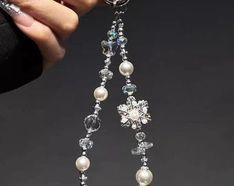 Super Cute Silver Snow Crystal Phone Strap, Elegant Wristlet + Tether Tab, Fashion Jewelry Wristlet, Phone Charm Gift, Protect Mobile Phone