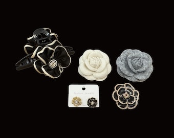 Camellia Flower Brooch Set: Fabric Pin, Earrings, Hair Clip - Elegant Jewelry