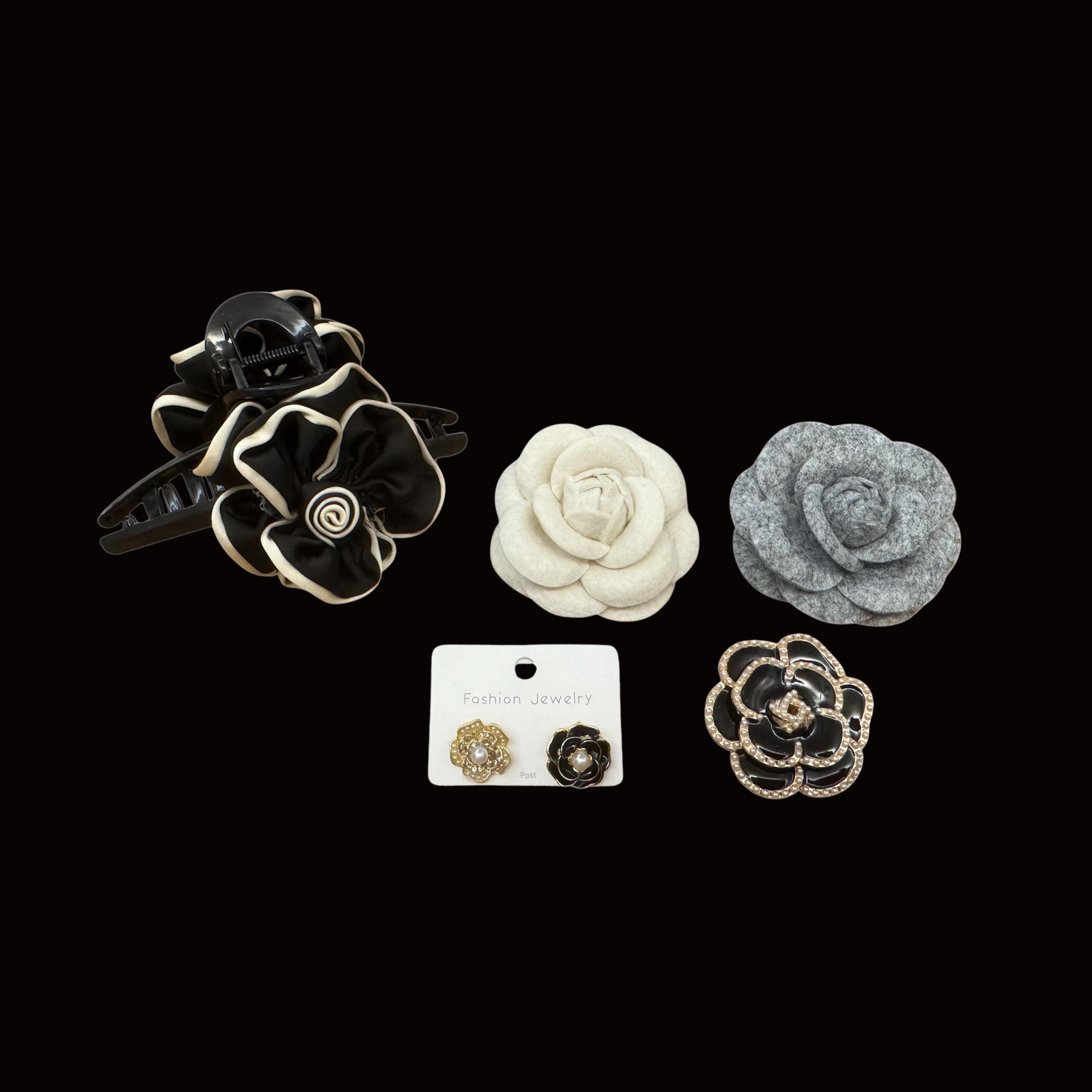 椿の花のブローチセット：布製ピン、イヤリング、ヘアクリップ 