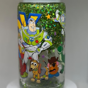 Toy Story Snow Globe Tumbler | 16oz Glass Can Cup | Buzz Lightyear & Woody Glitter Cup | Toy Story Lover Gift | Kids Character Tumbler image 1